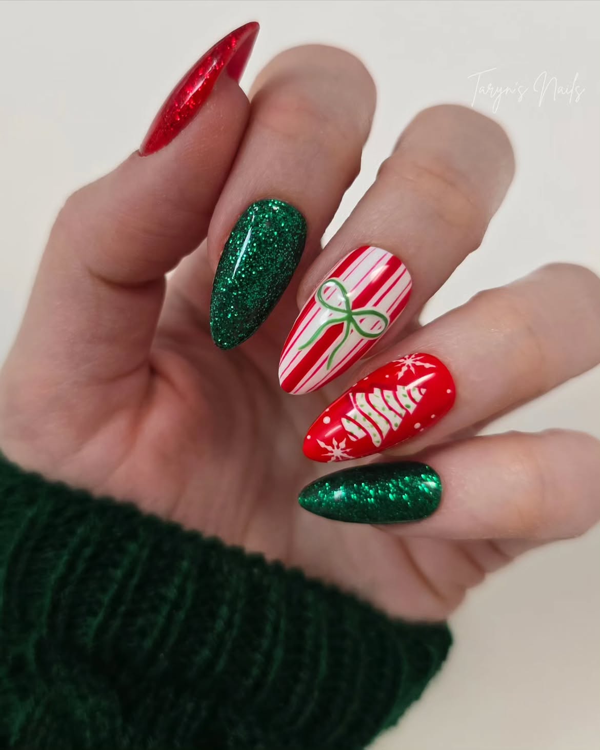 Sparkling Christmas Present and Tree Almond Nails