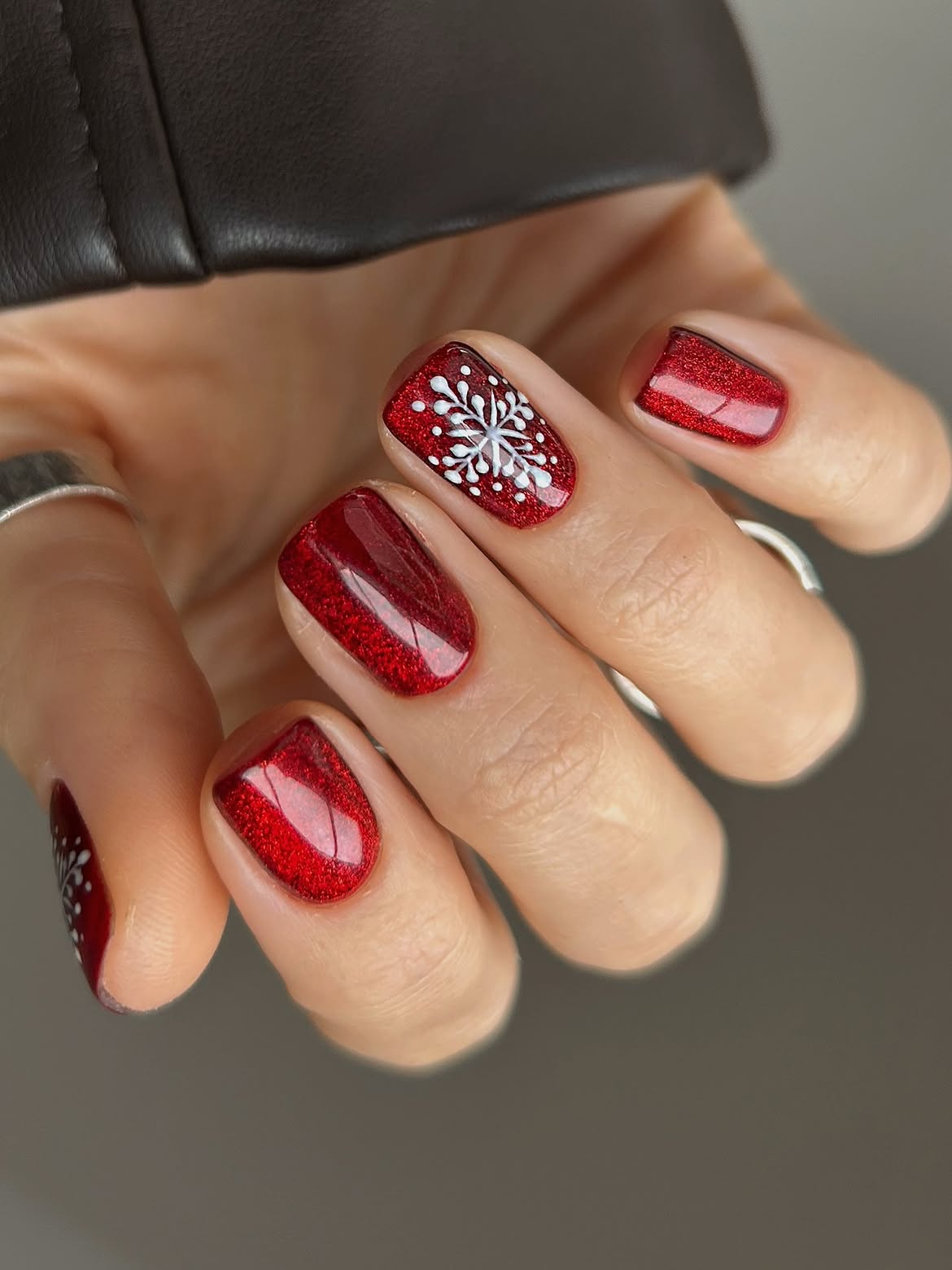 Sparkling Cranberry Snowflake Square Nails