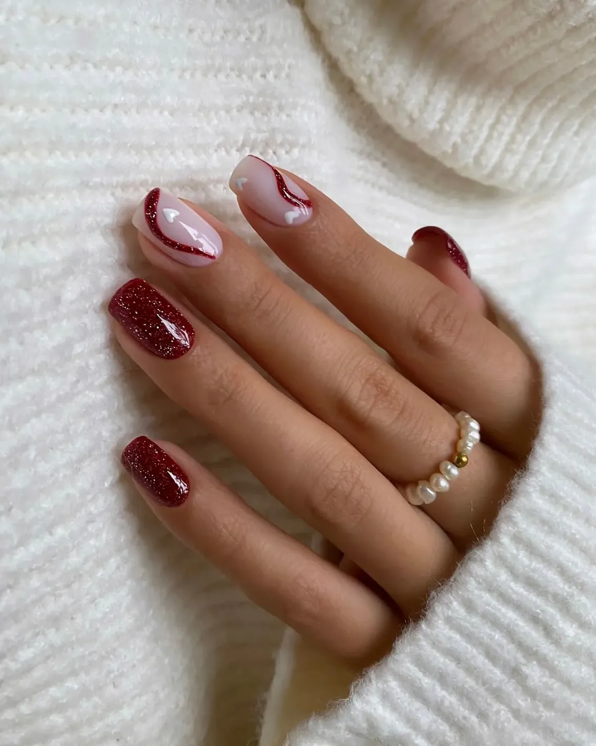 Sparkling Cranberry Swirl French Tip Nails