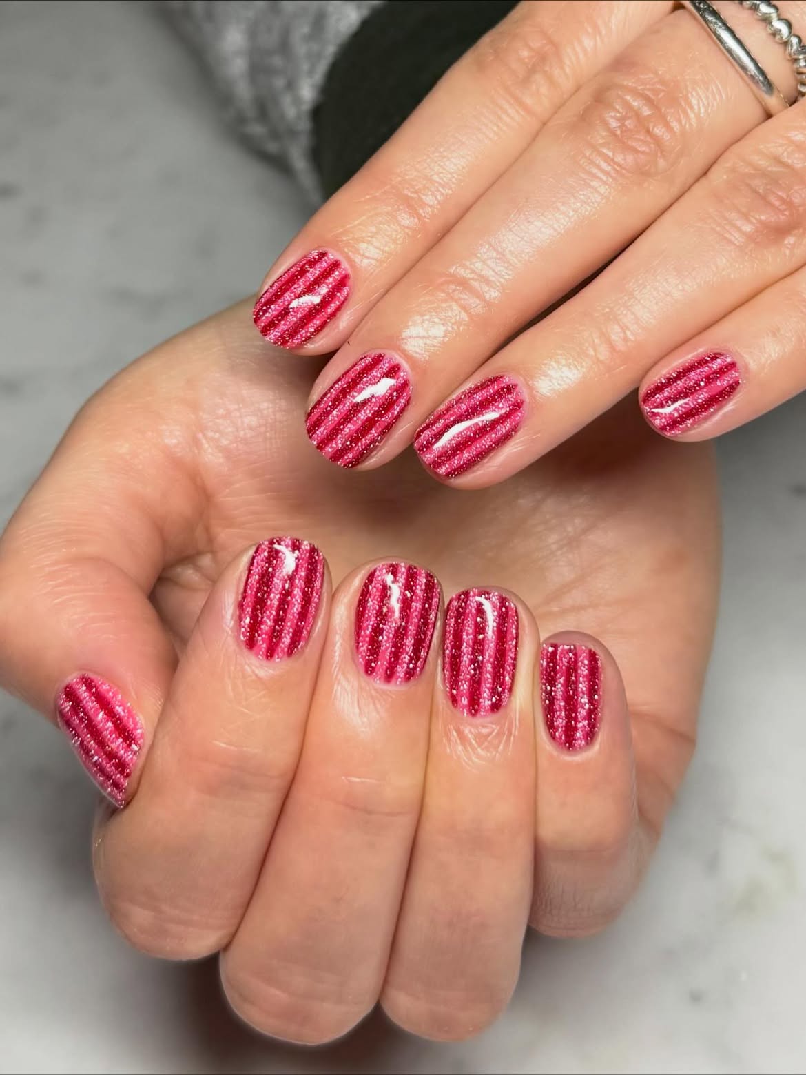 Sparkling Pink Candy Cane Striped Short Nails