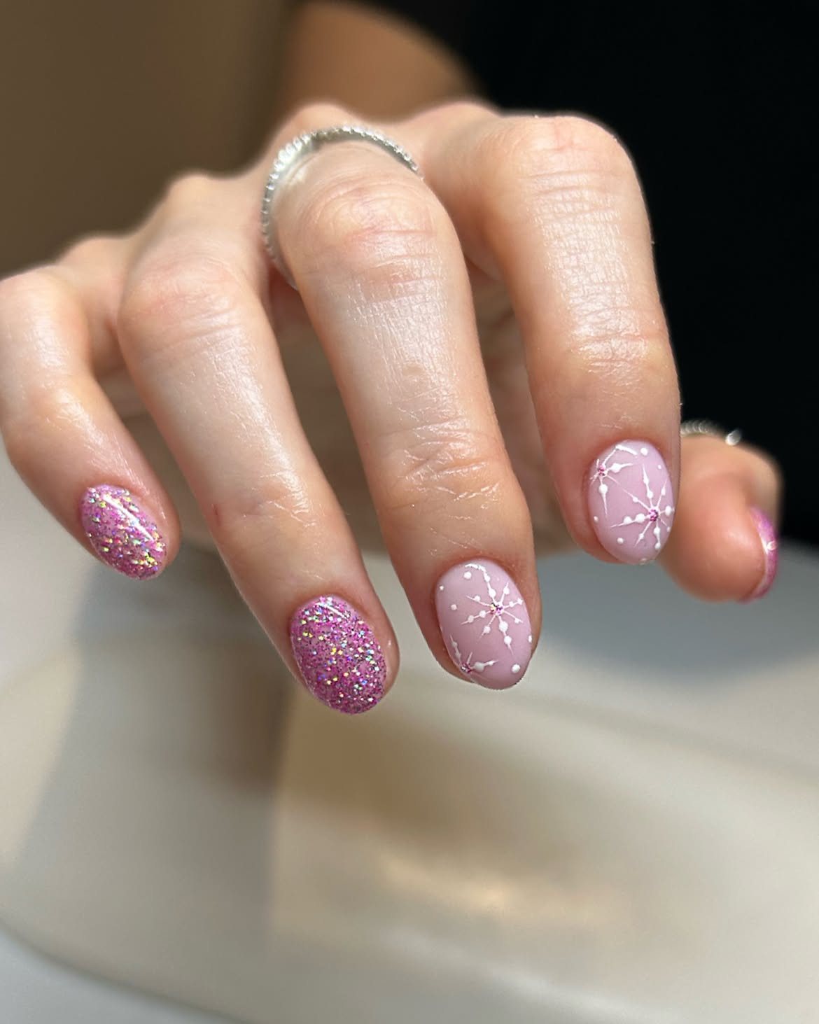 Sparkling Pink Snowflake Christmas Oval Nails