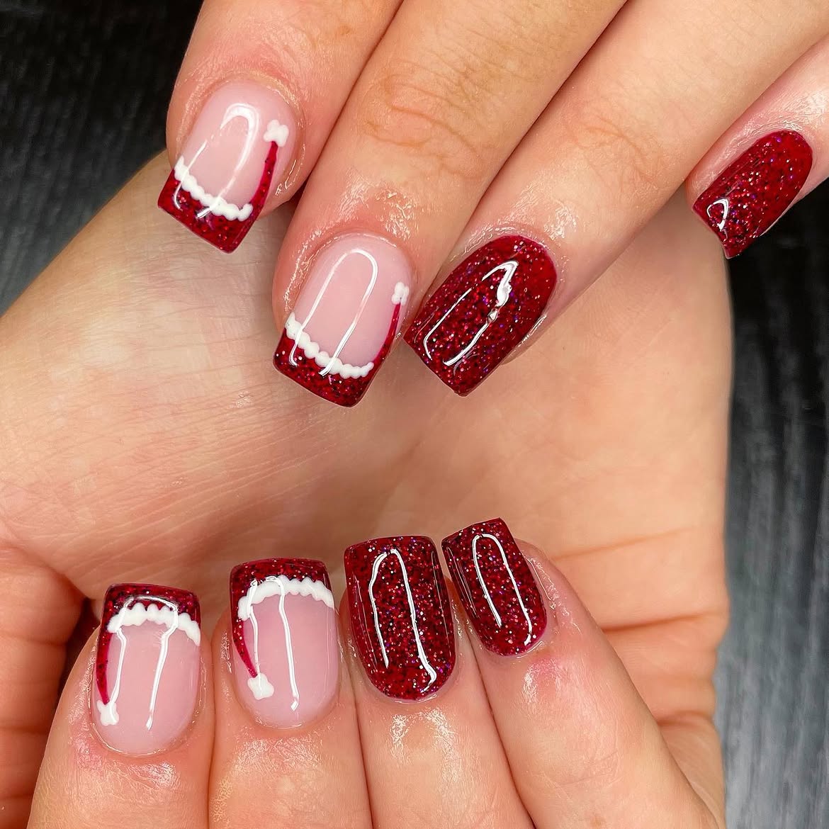 Sparkling Santa Hat French Tip Christmas Nails