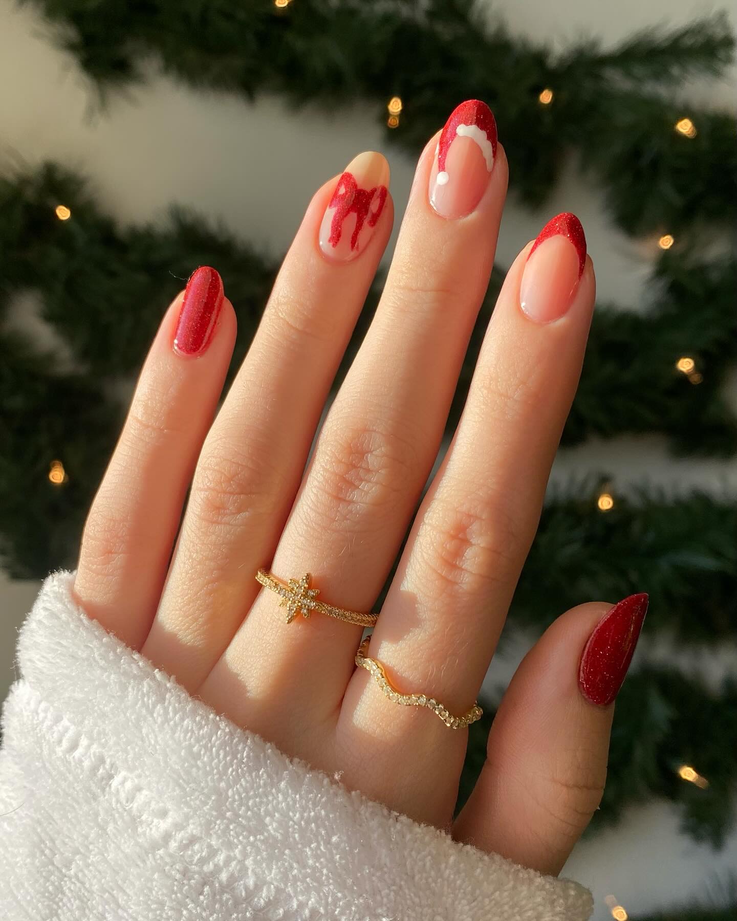 Sparkling Santa Hat French Tip Nails