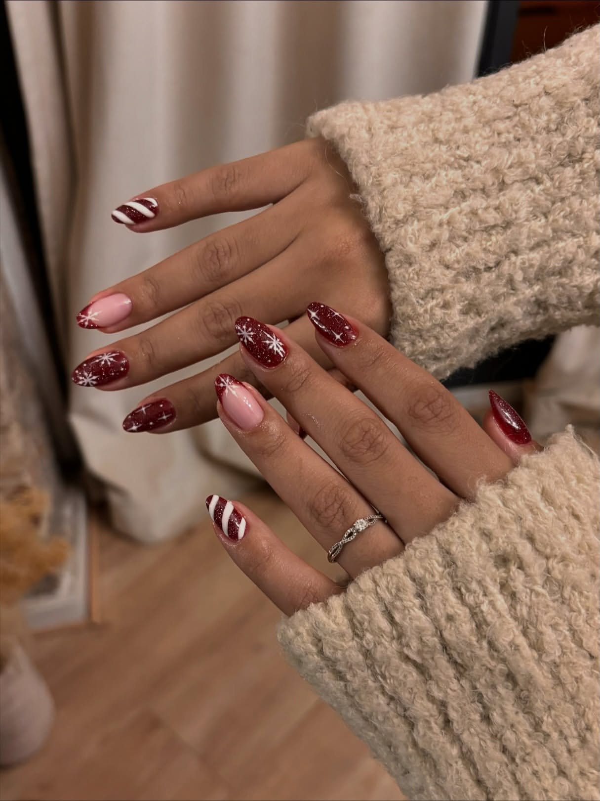 Sparkling Snowflake & Candy Cane Almond Nails