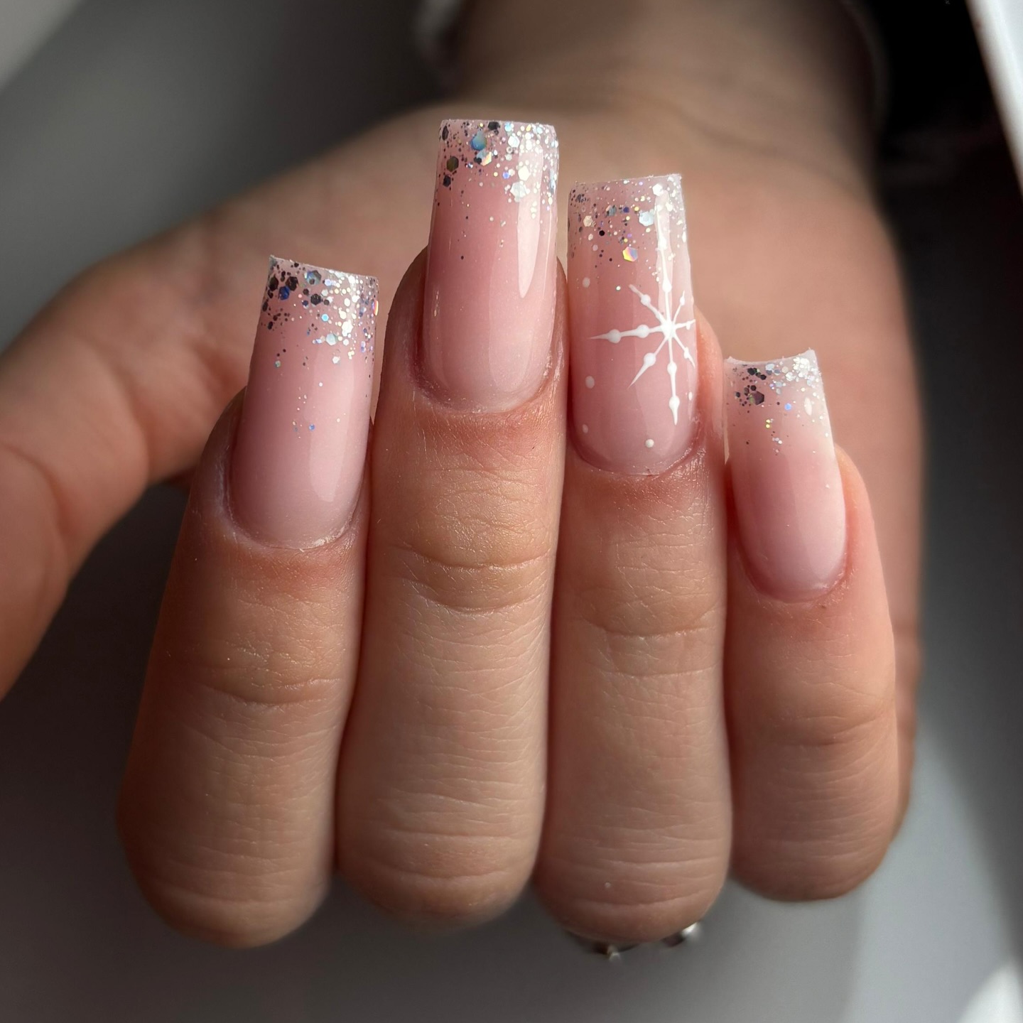 Sparkling Snowflake French Ombre Acrylic Nails