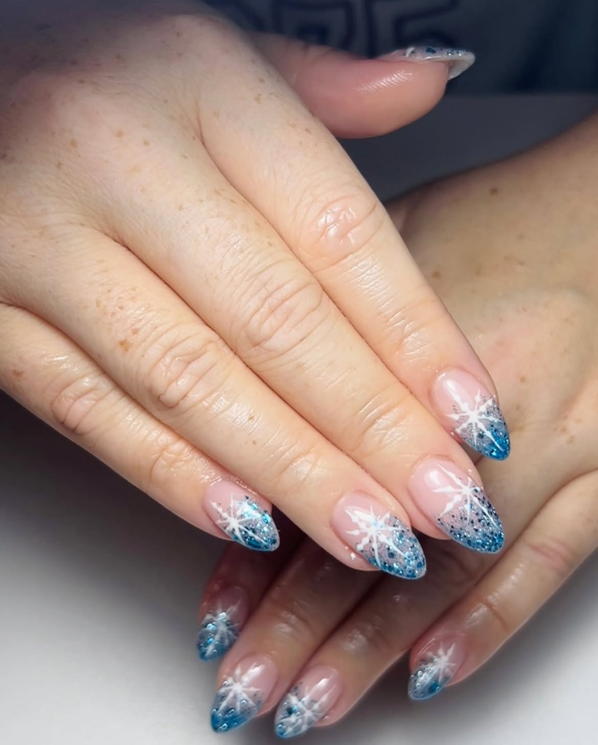 Sparkling Snowflake French Ombre Almond Nails