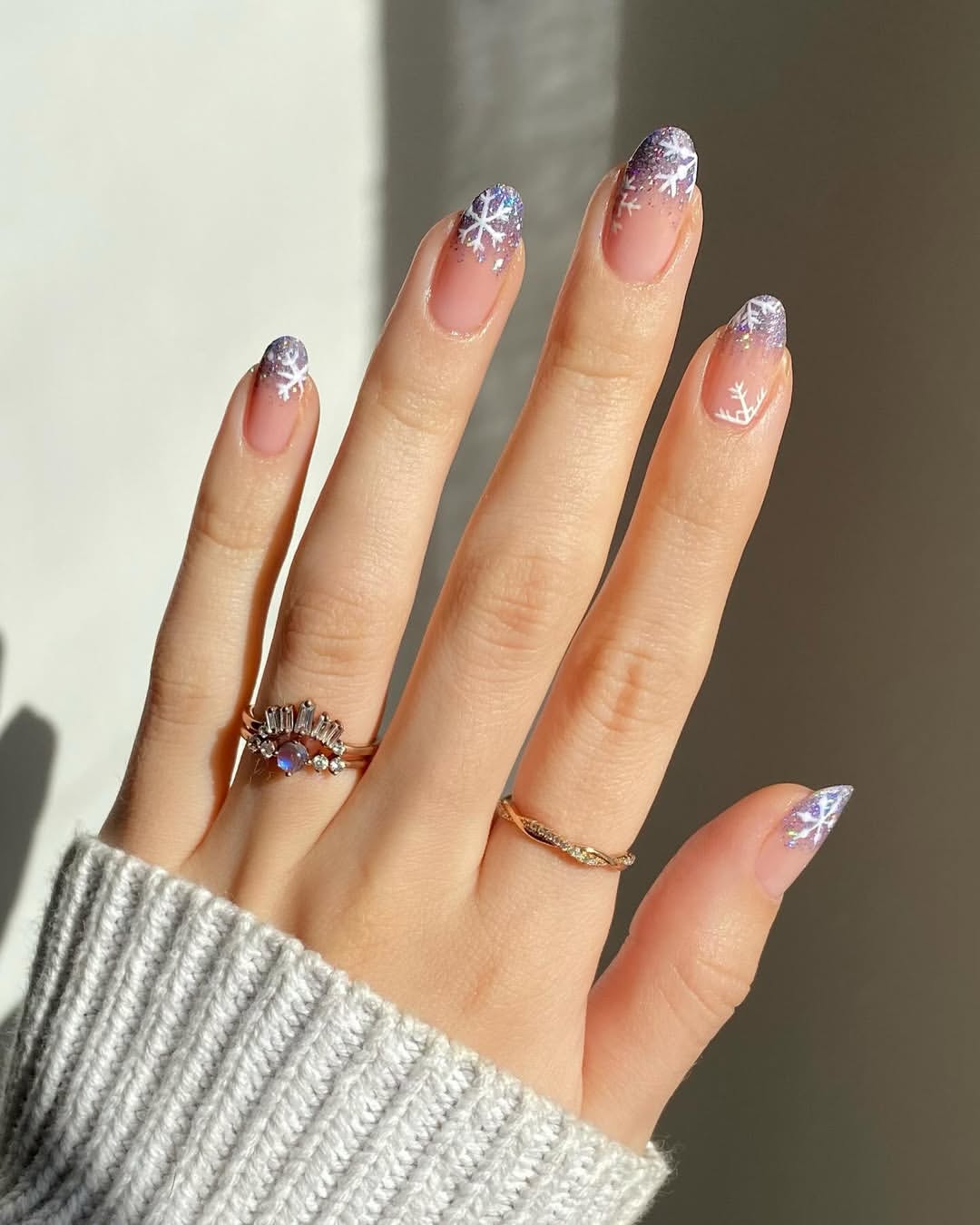 Sparkling Snowflake French Ombre Nails