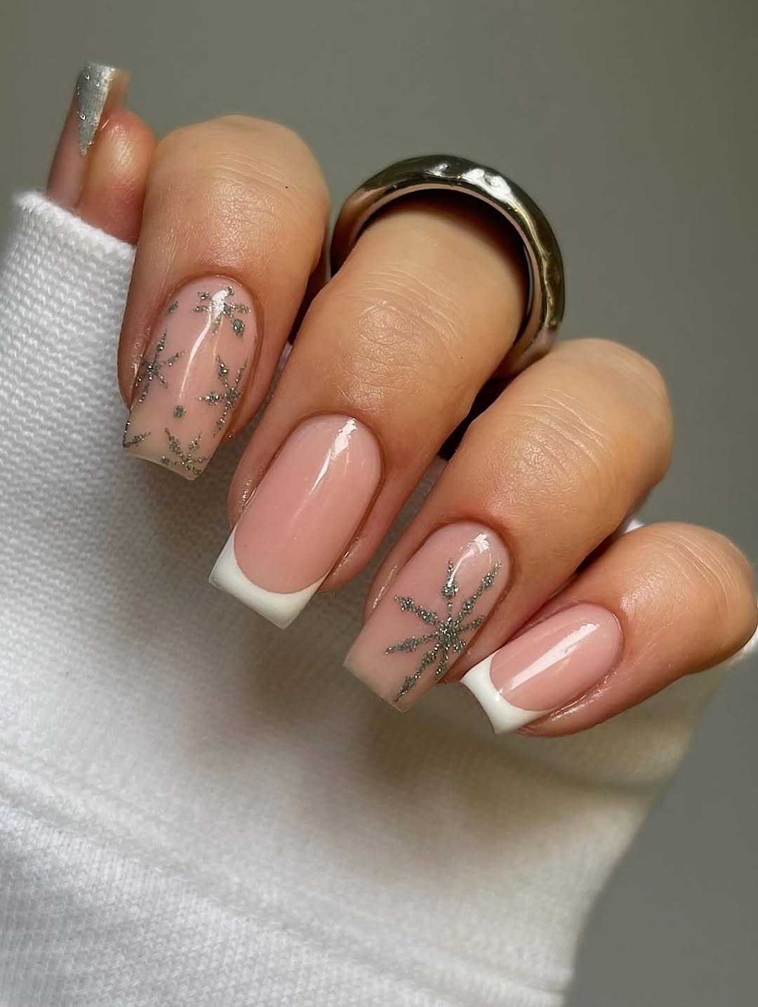 Sparkling Snowflake French Tip Square Nails