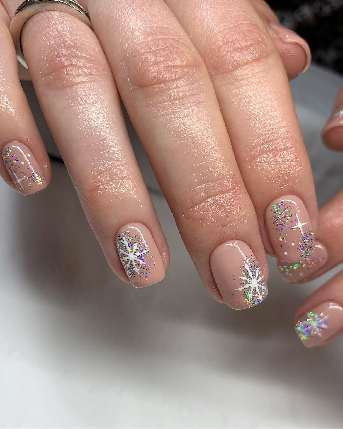 Sparkling Snowflake French Tip Winter Nails
