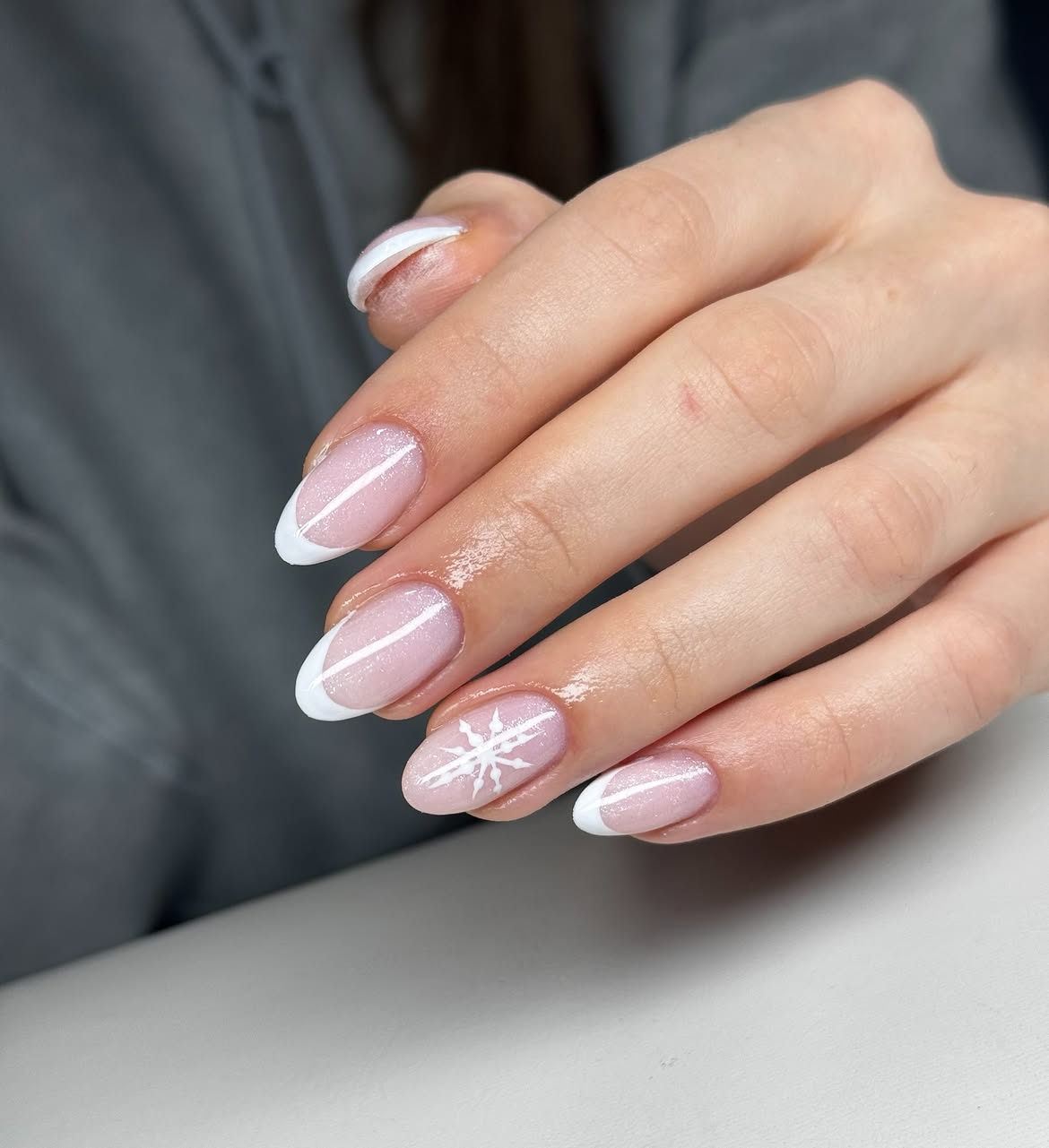 Sparkling Snowflake French Winter Almond Nails