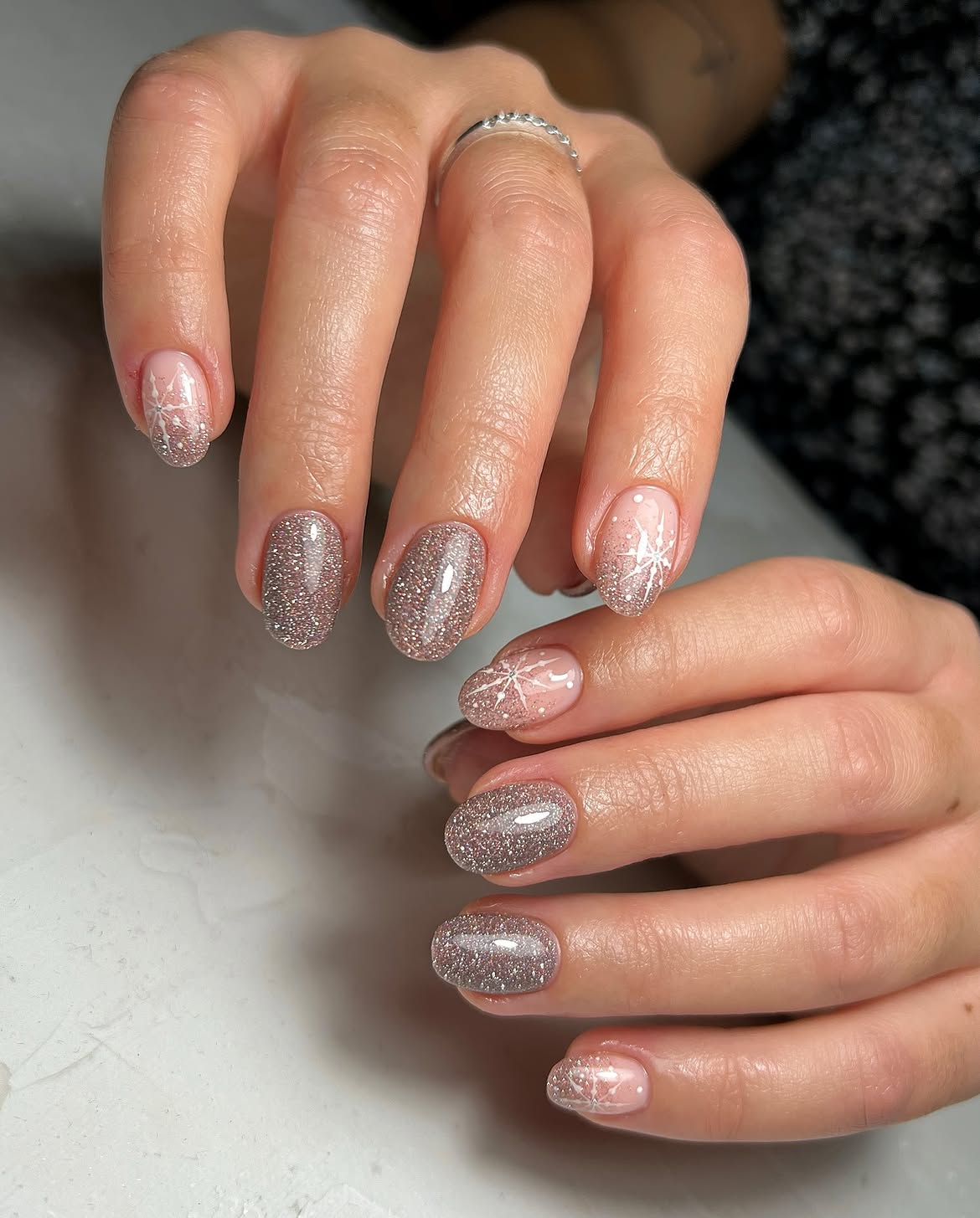 Sparkling Snowflake Neutral French Tips