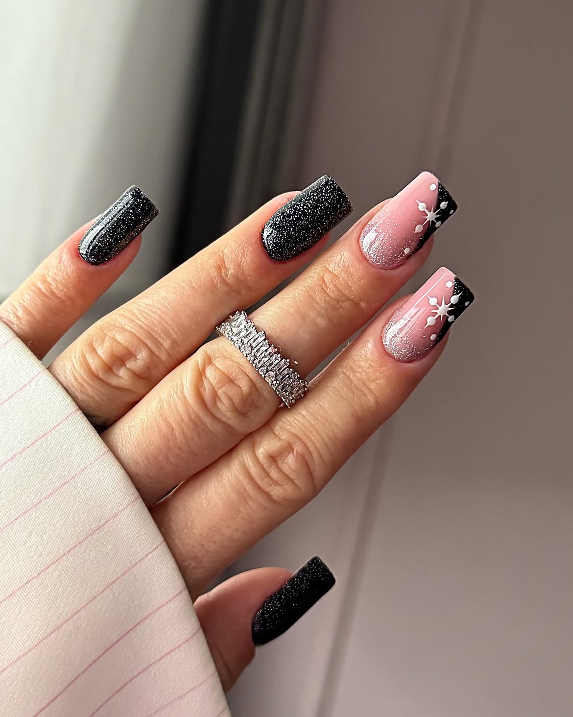 Sparkly Black And Pink Snowflake Square Nails