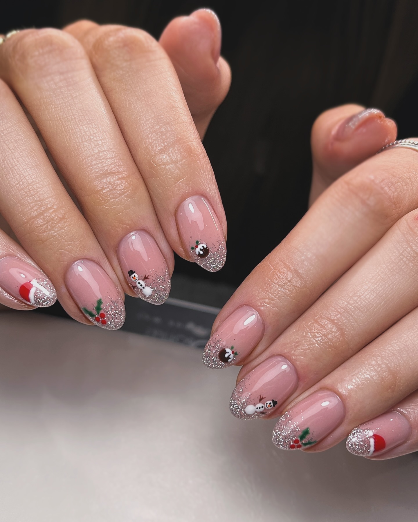 Sparkly Christmas French Tip with Snowman and Santa