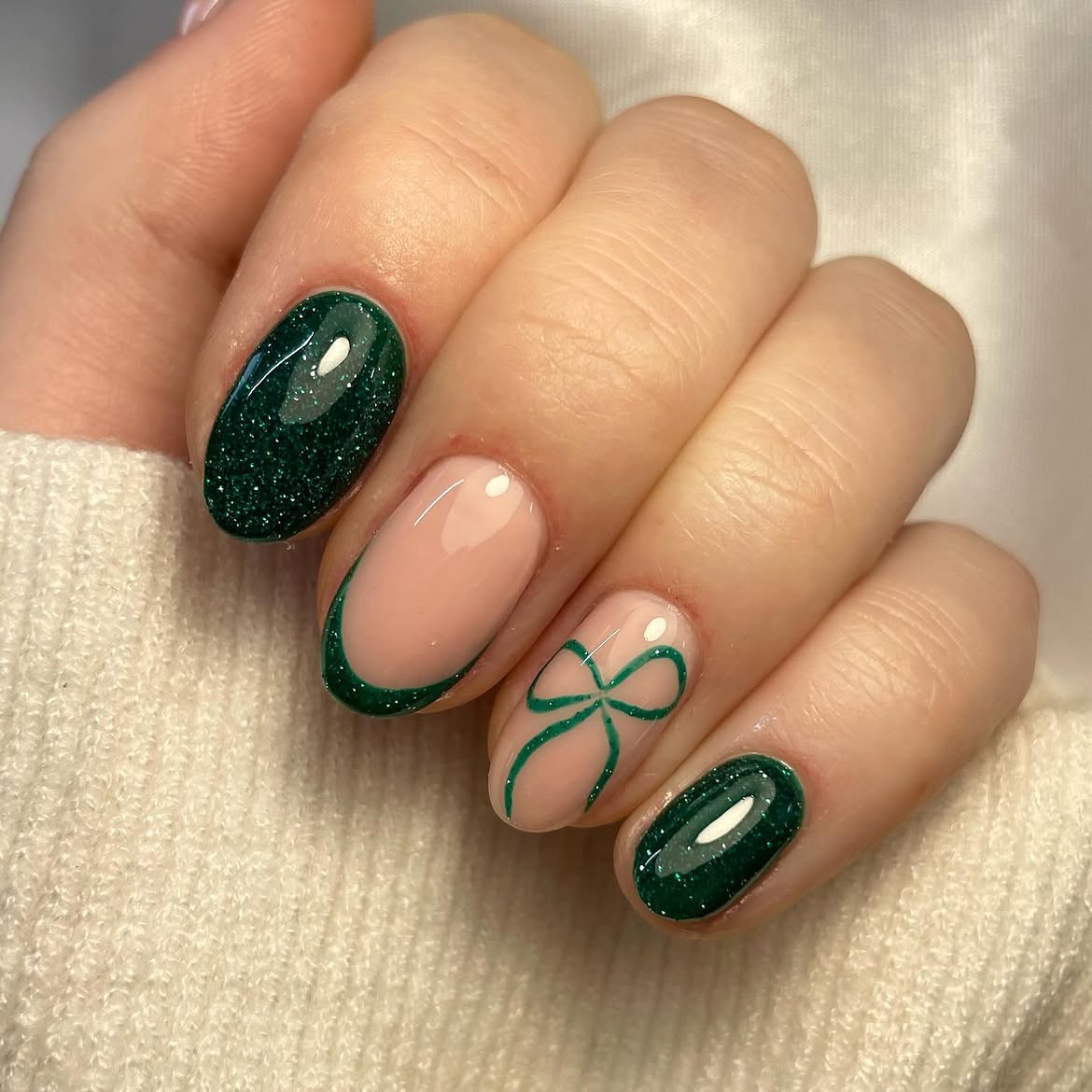 Sparkly Green Bow French Tip Nails