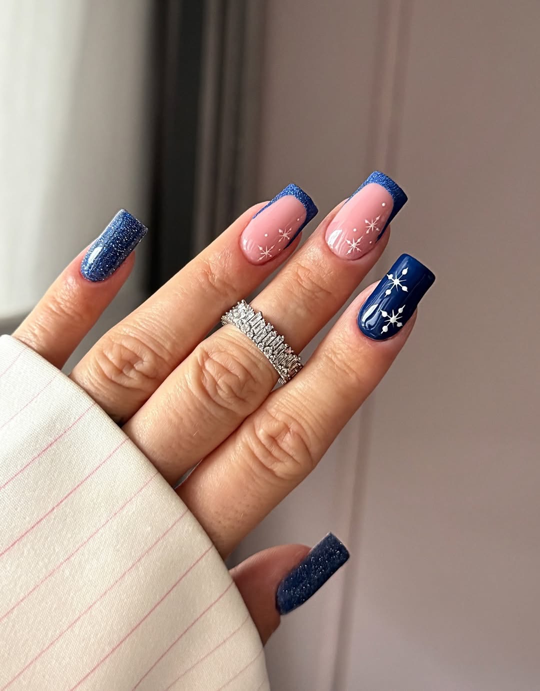 Sparkly Navy Snowflake French Tips