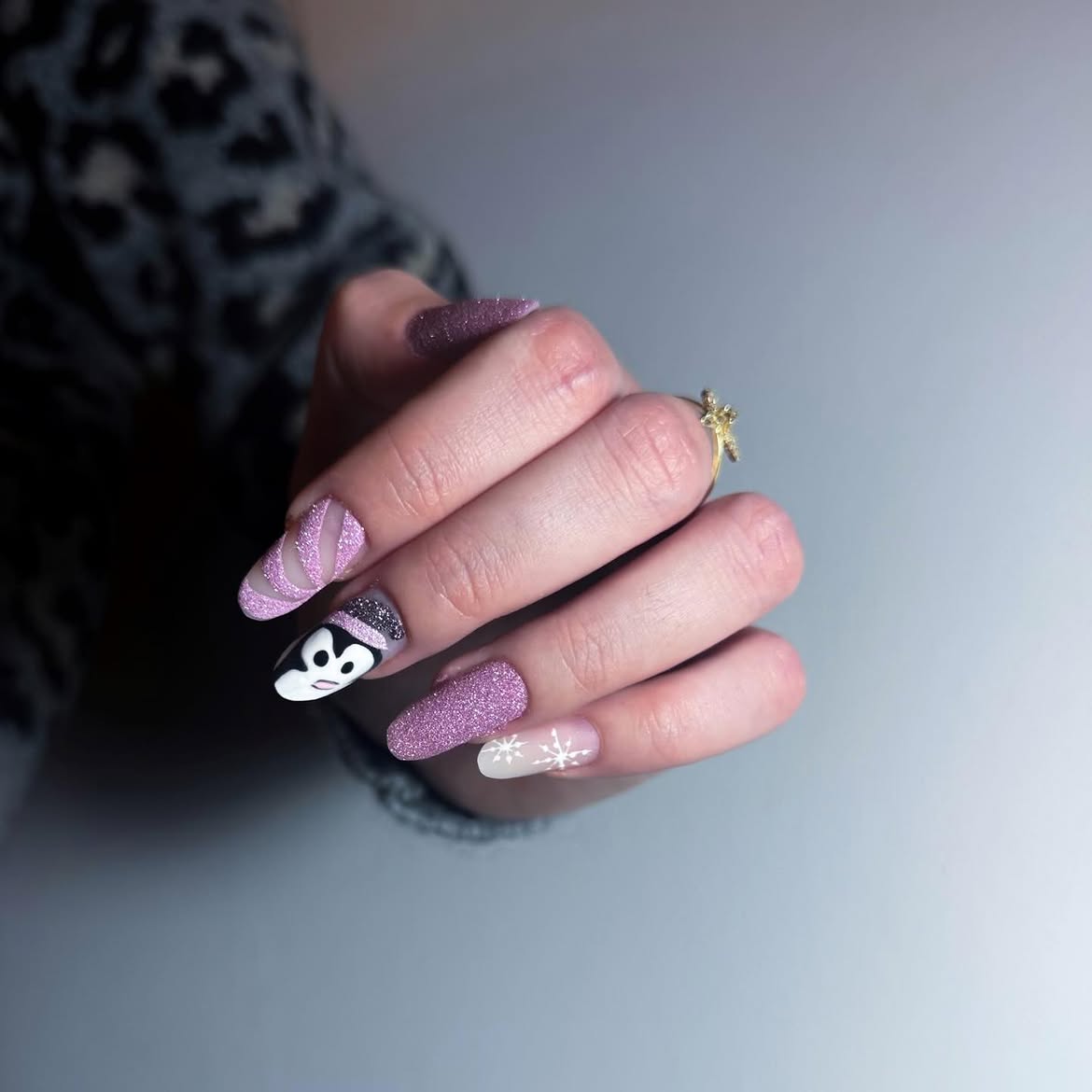 Sparkly Penguin Snowflake Coffin Nails