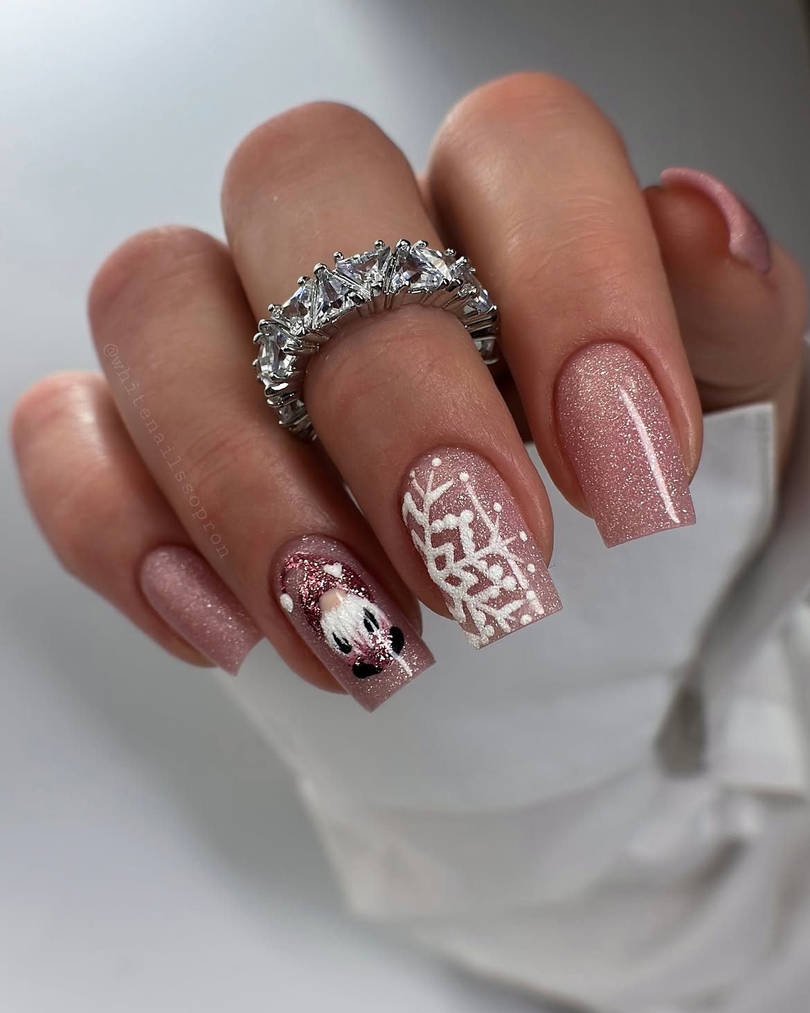 Sparkly Pink Winter Snowflake And Gnome Nail Art