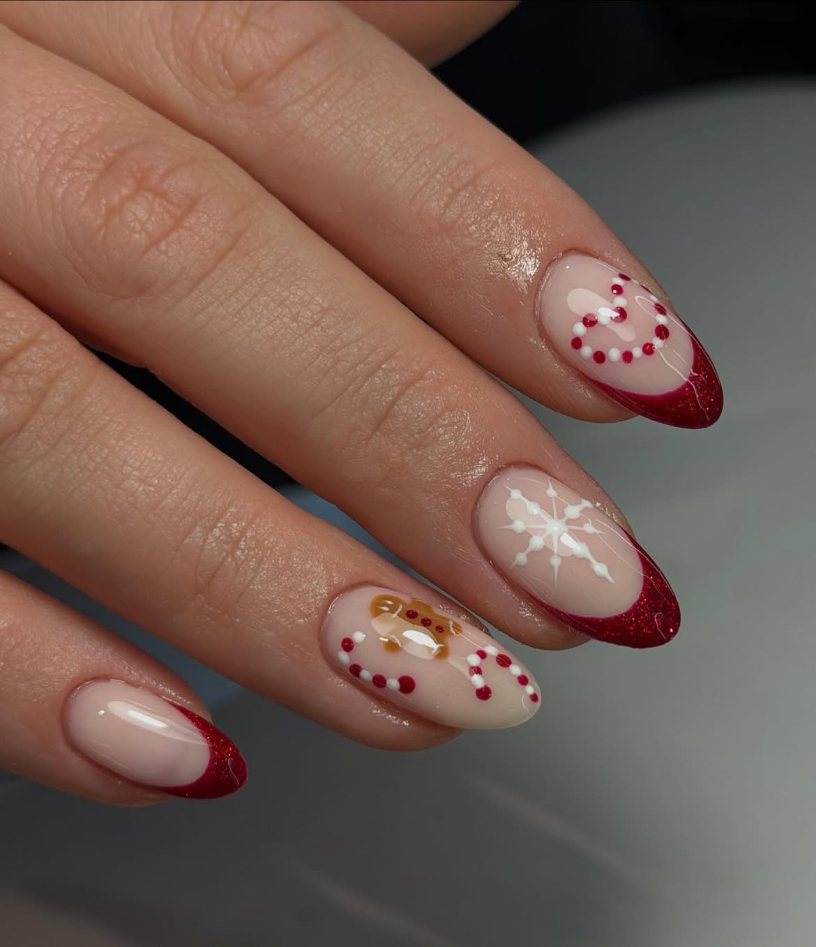 Sparkly Red French Tip Almond Christmas Nails