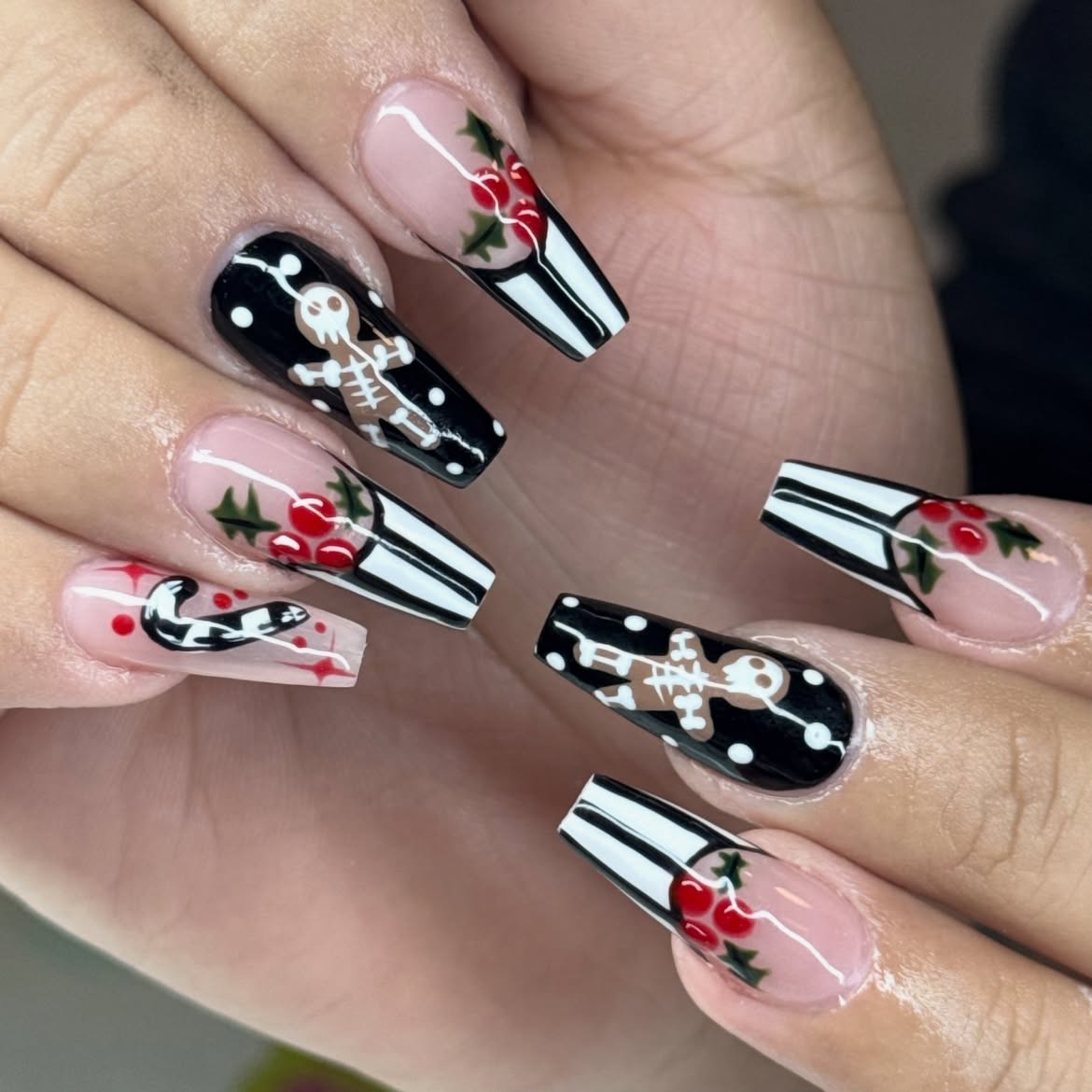 Spooky Gingerbread Man French Tip Coffin Nails