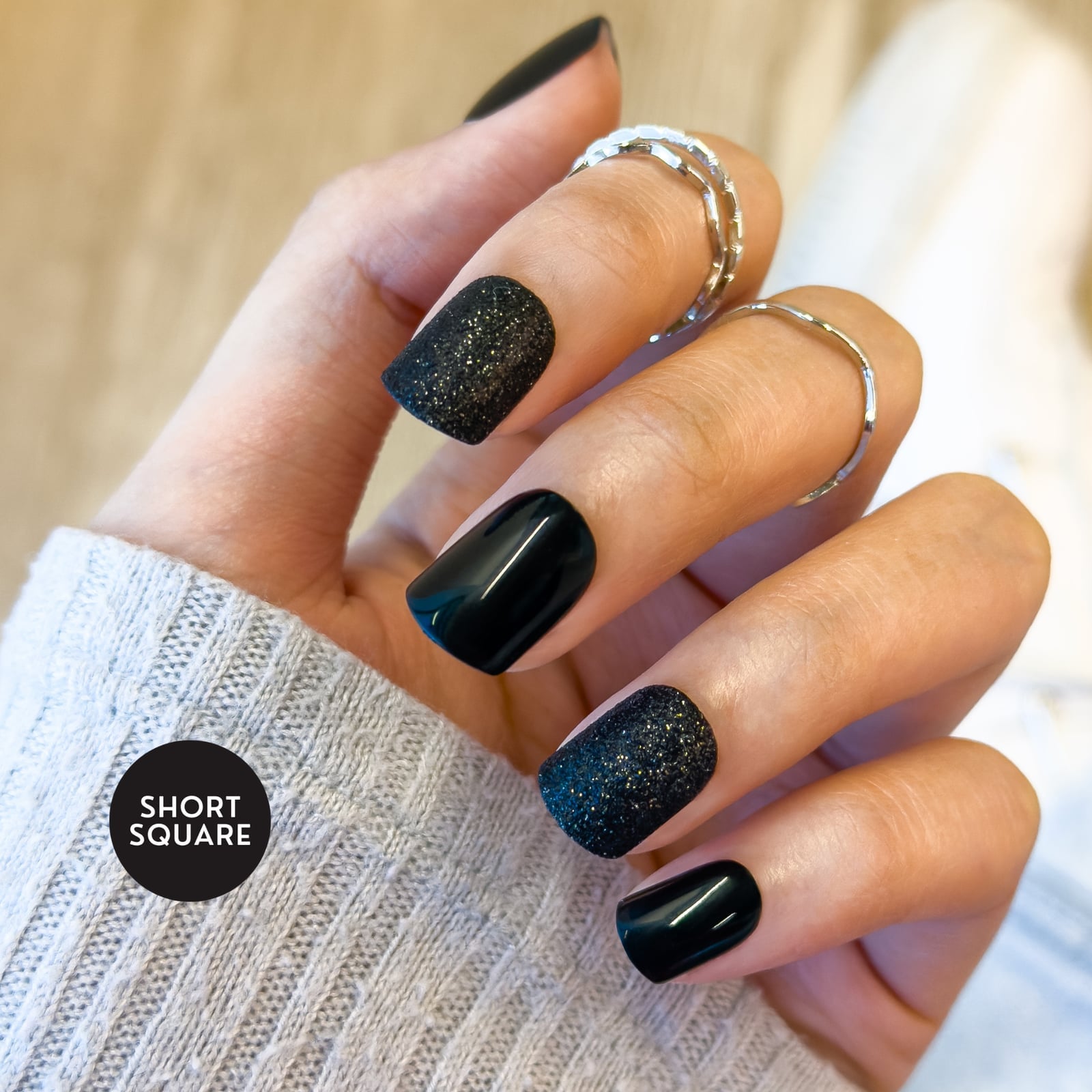 Matte Black Square Nails With Gold Glitter Matte Black Square Nails With Gold Glitter