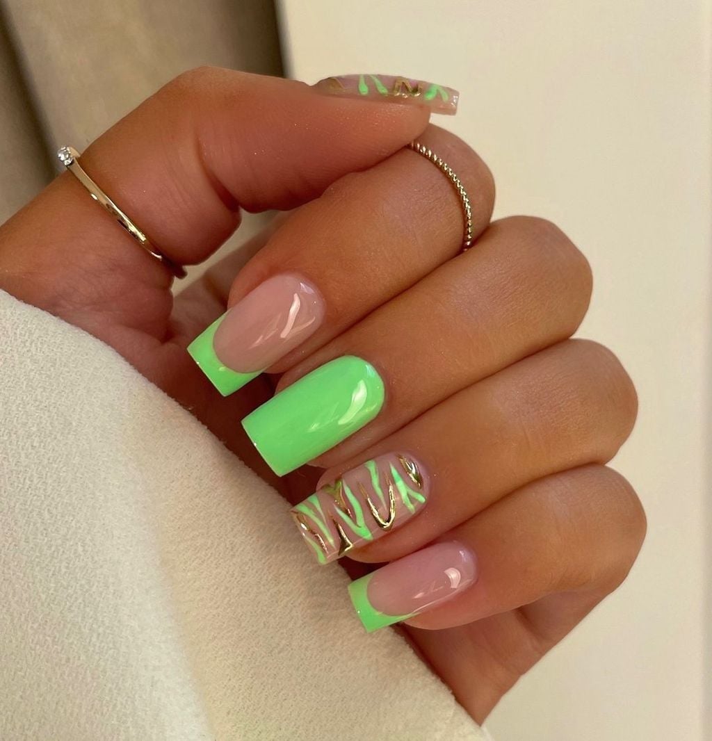 Neon Green French Tip Square Nails With Gold Foil Neon Green French Tip Square Nails With Gold Foil