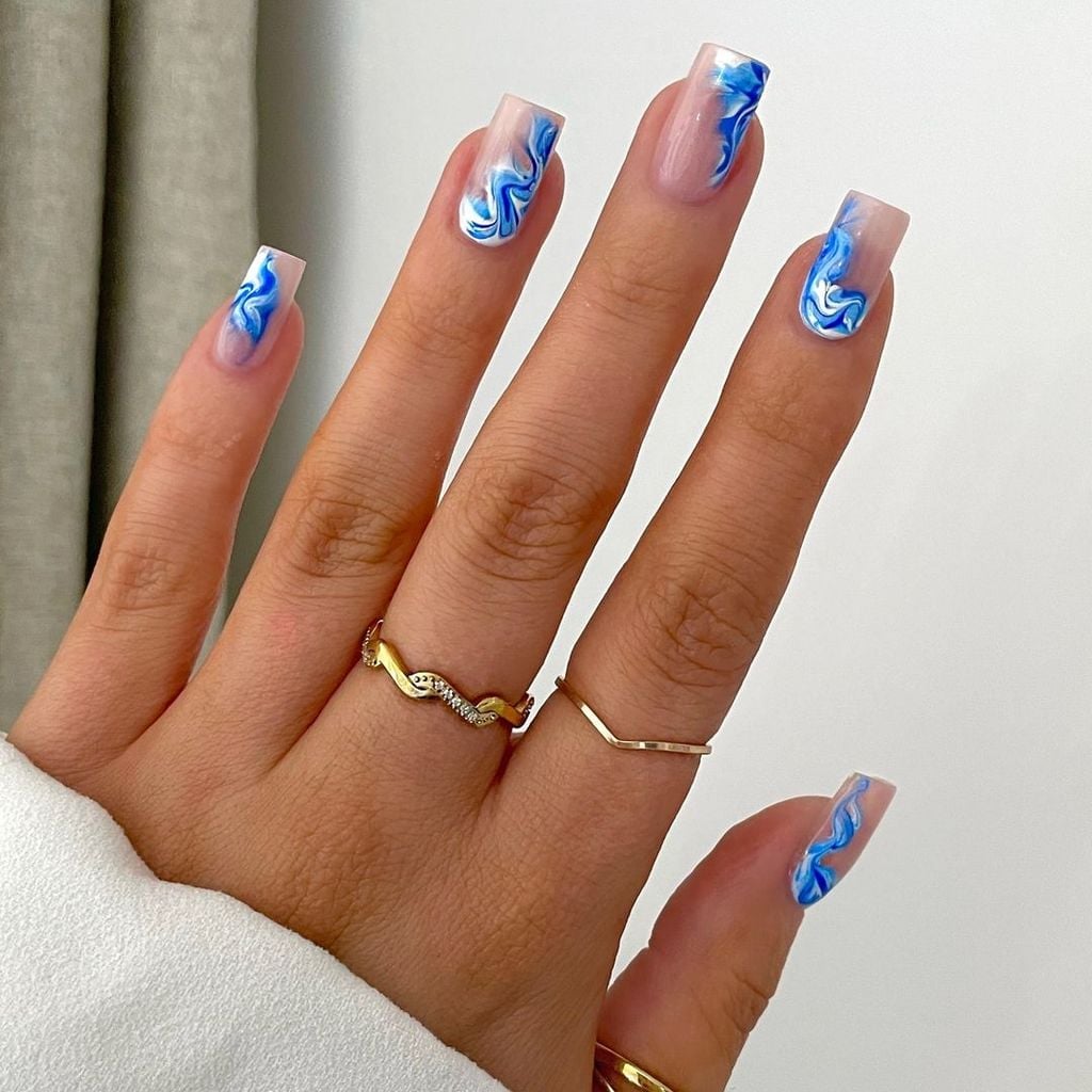 Medium Square Nails Blue Marble With Pearls Medium Square Nails Blue Marble With Pearls