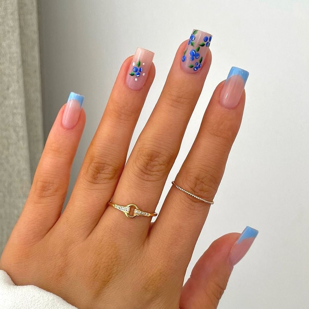 Medium Square Nails Blue Floral French Tips Medium Square Nails Blue Floral French Tips