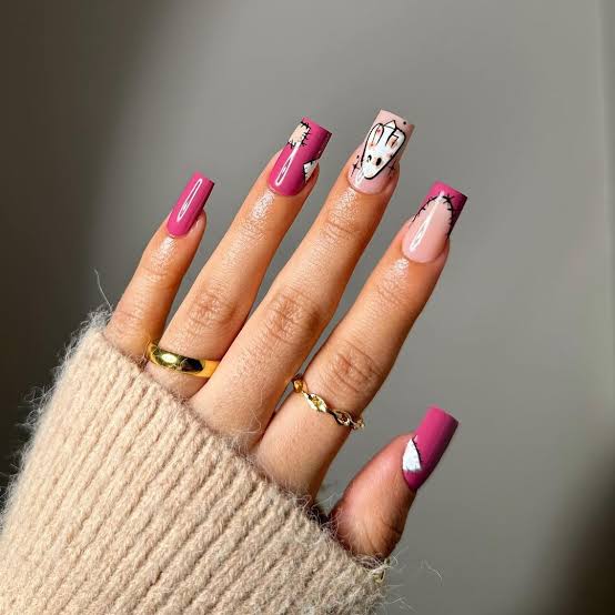 Medium-Long Square Nails Bunny Face Art Medium-Long Square Nails Bunny Face Art