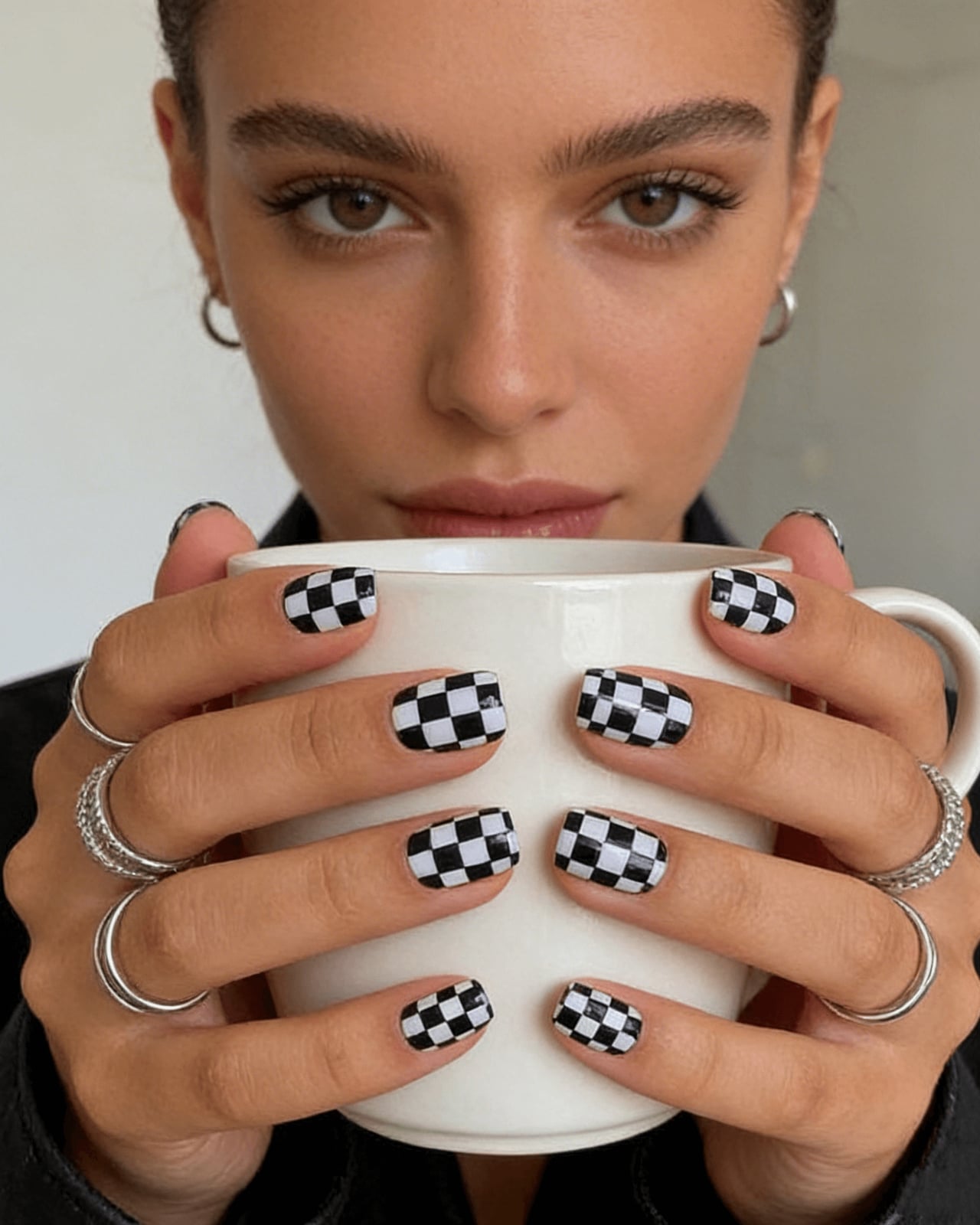 Glossy Black And White Checkerboard Square Nails Glossy Black And White Checkerboard Square Nails