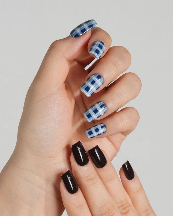 Glossy Square Nails With Plaid Accents Glossy Square Nails With Plaid Accents