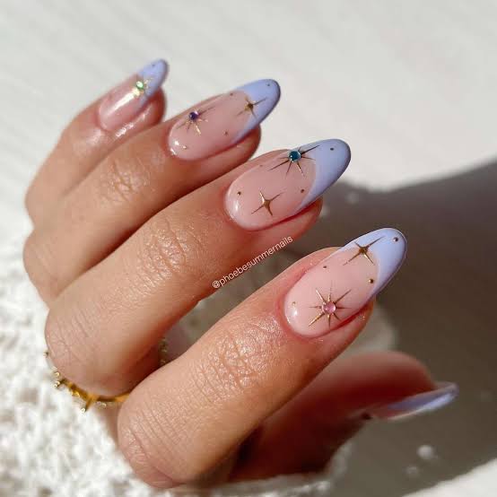Medium Almond Nude Light Blue French with Gold Stars Medium Almond Nude Light Blue French with Gold Stars — Star Nails
