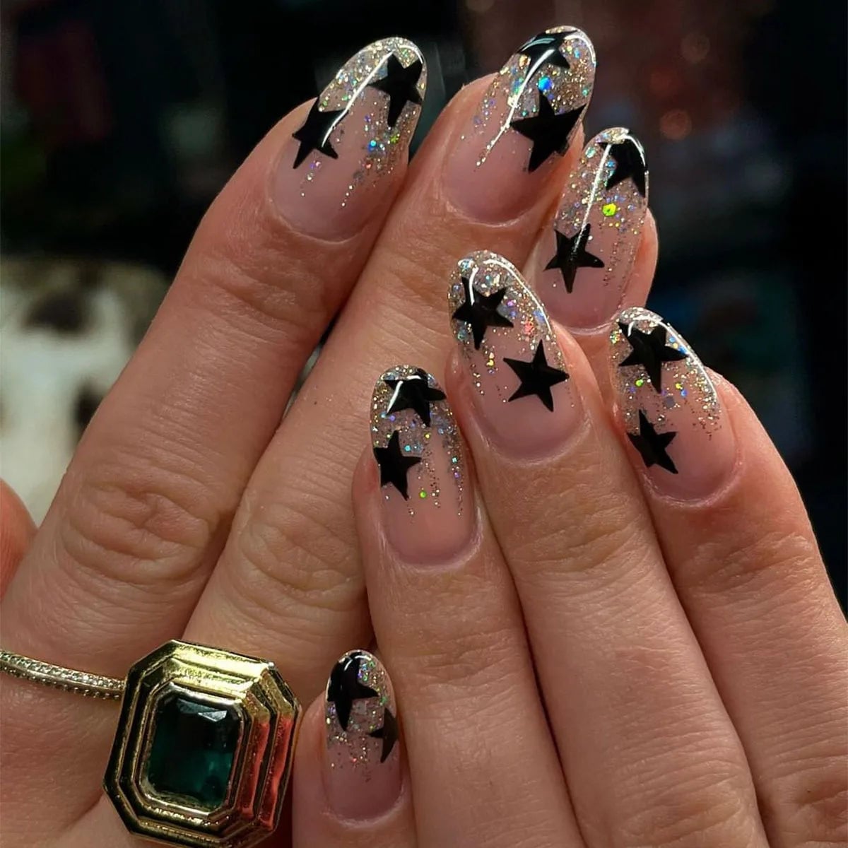Medium Oval Nude with Bold Black Stars and Glitter Medium Oval Nude with Bold Black Stars and Glitter — Star Nails