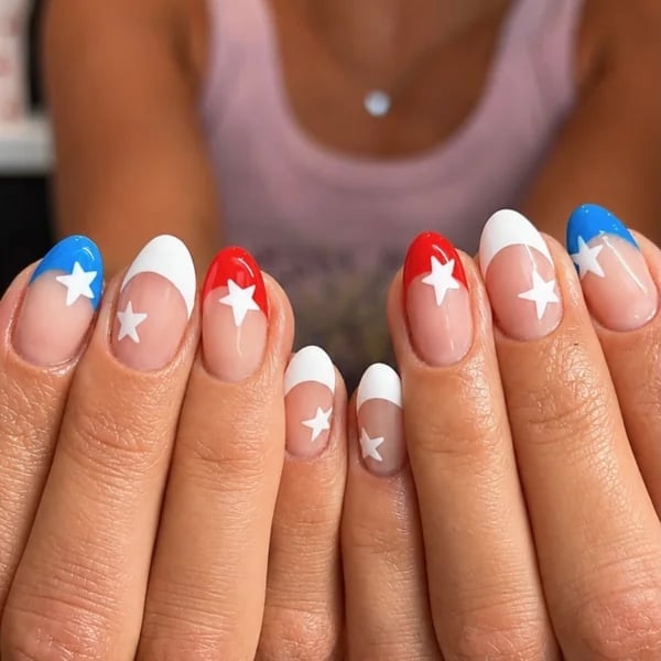 Medium Almond Red Blue White French with Stars Medium Almond Red Blue White French with Stars — Star Nails