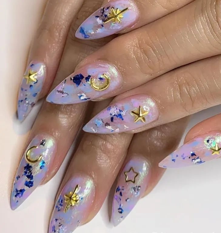 Iridescent Long Stiletto with 3D Celestial Charms Iridescent Long Stiletto with 3D Celestial Charms — Star Nails