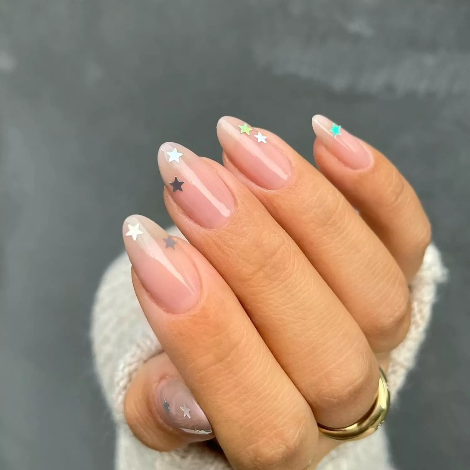 Short Almond Nude with Iridescent Star Decals Short Almond Nude with Iridescent Star Decals — Star Nails