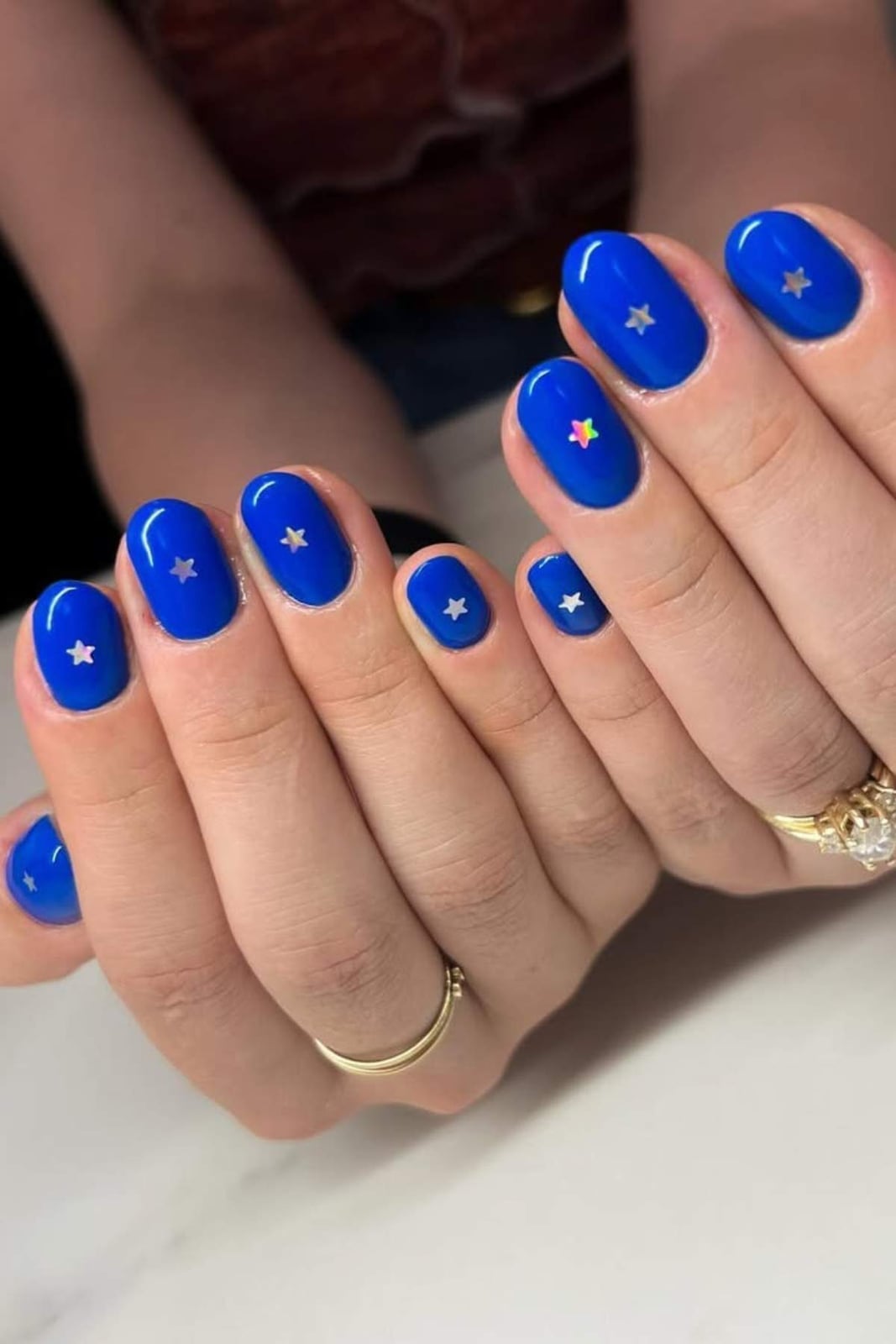 Short Oval Vibrant Blue with Silver Star Decals Short Oval Vibrant Blue with Silver Star Decals — Star Nails
