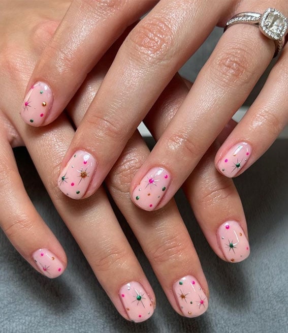 Short Square Pink with Colorful Starbursts Short Square Pink with Colorful Starbursts — Star Nails