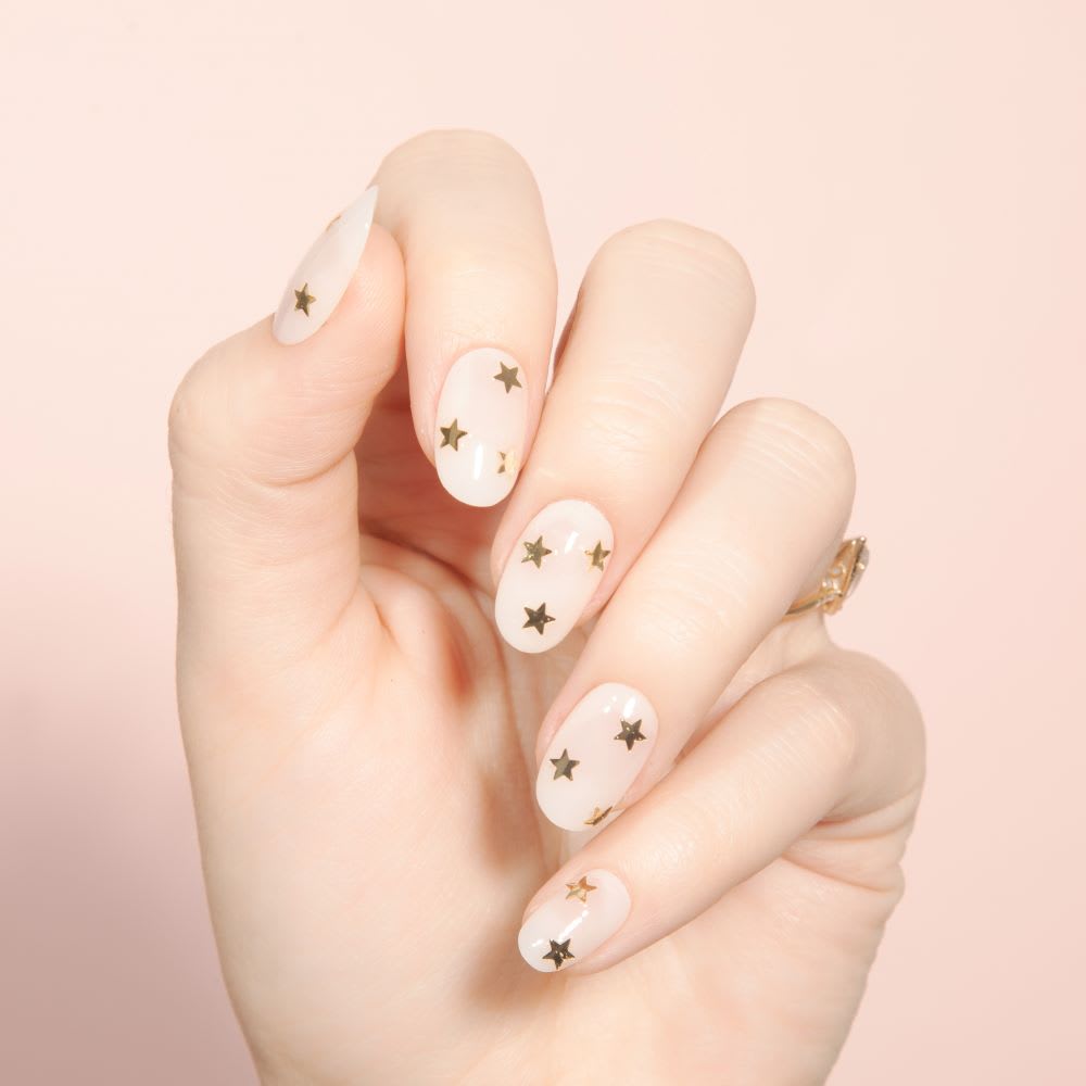 Short Oval Soft Square Pink with Gold Celestial Accents Short Oval Soft Square Pink with Gold Celestial Accents — Star Nails
