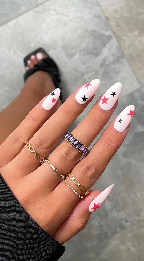 Medium Almond Sheer White with Multi-Color Stars Medium Almond Sheer White with Multi-Color Stars — Star Nails