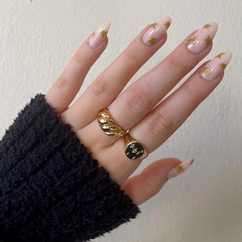 Medium Almond Sheer with Gold Star Decals Medium Almond Sheer with Gold Star Decals — Star Nails