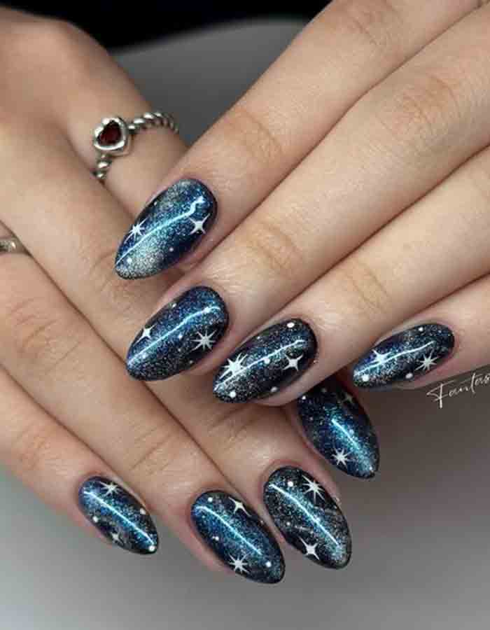 Medium Oval Dark Blue Shimmer with Constellation Designs Medium Oval Dark Blue Shimmer with Constellation Designs — Star Nails