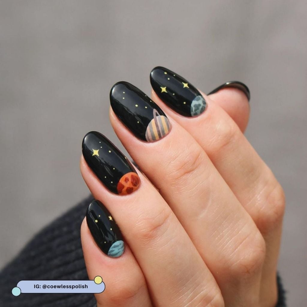Medium Oval Black with Planets and Yellow Stars Medium Oval Black with Planets and Yellow Stars — Star Nails