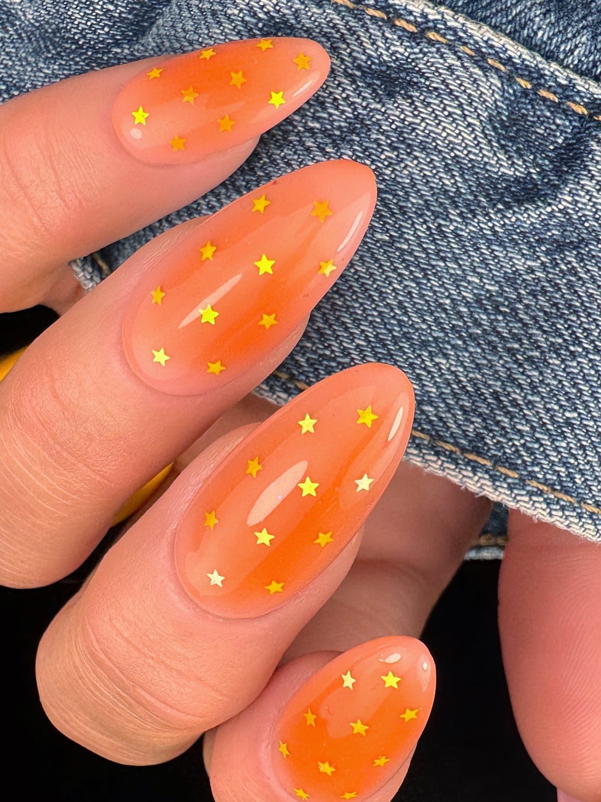 Long Almond Peach with Tiny Yellow Star Decals Long Almond Peach with Tiny Yellow Star Decals — Star Nails