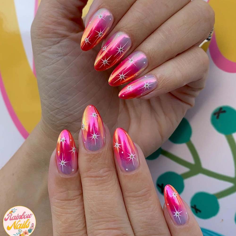 Medium Almond Pink Orange Lilac Gradient with Stars Medium Almond Pink Orange Lilac Gradient with Stars — Star Nails