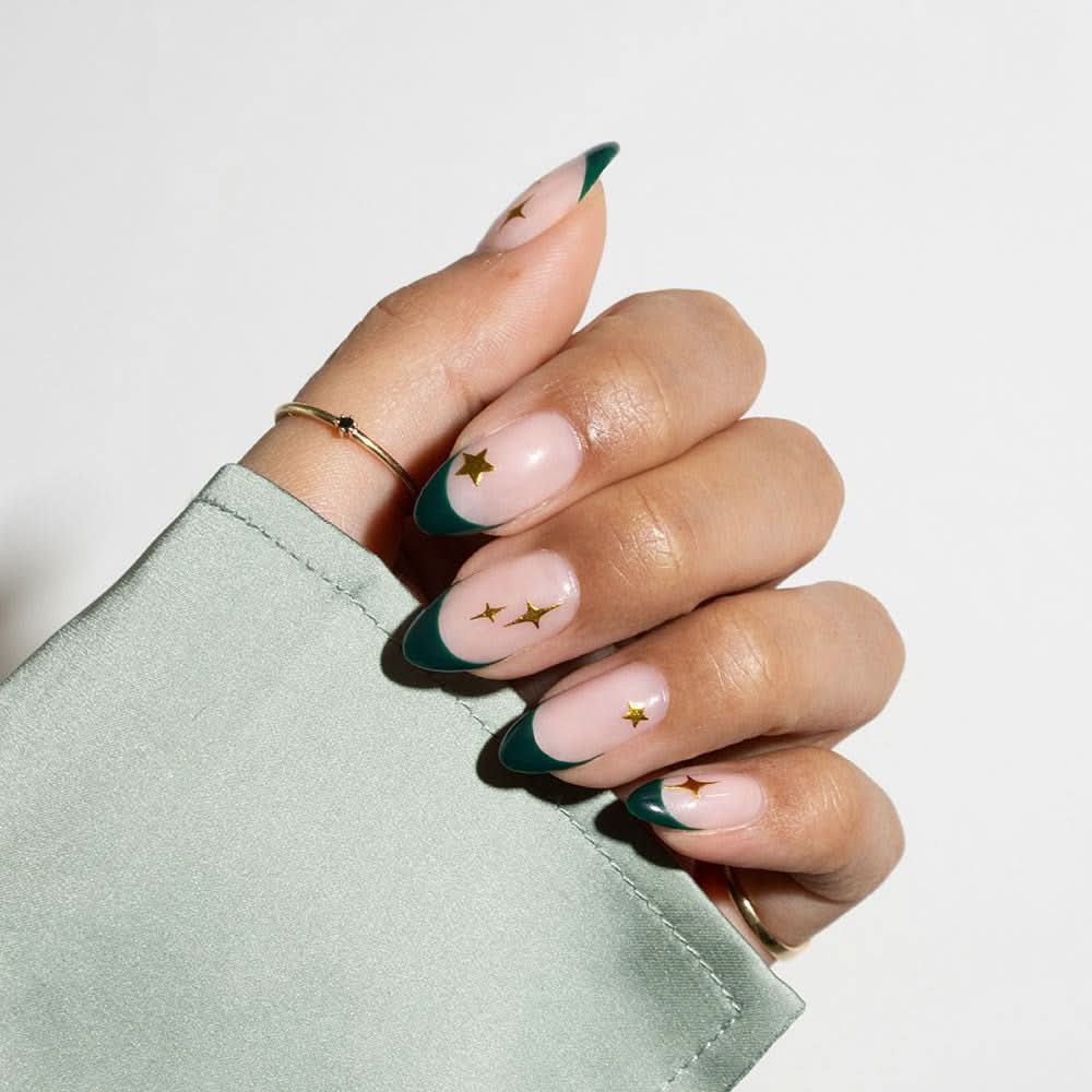 Medium Almond Dark Green French with Gold Stars Medium Almond Dark Green French with Gold Stars — Star Nails