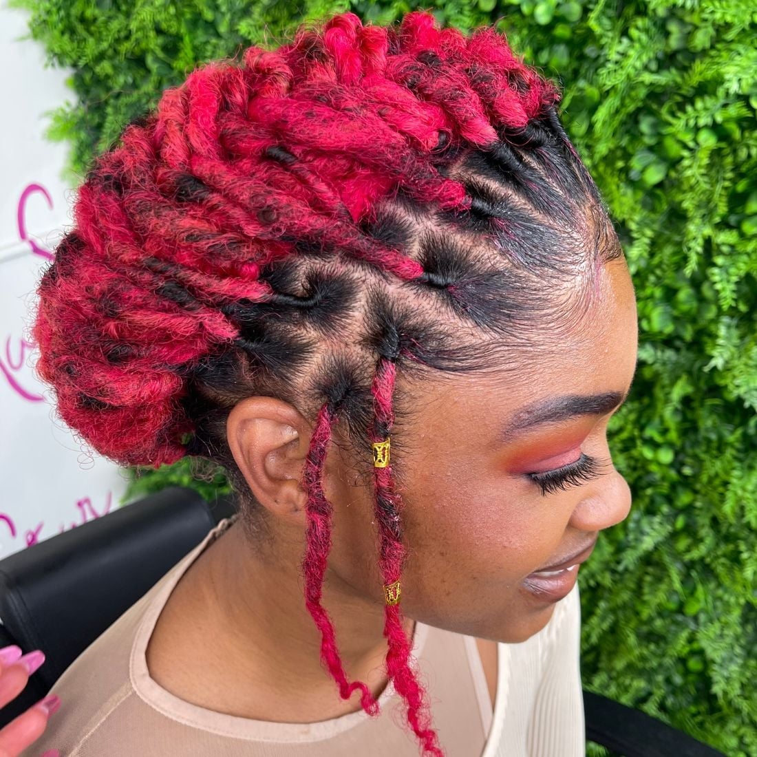 Vibrant Red and Black Braided Loc Updo Vibrant Red and Black Braided Loc Updo — Starter Locs