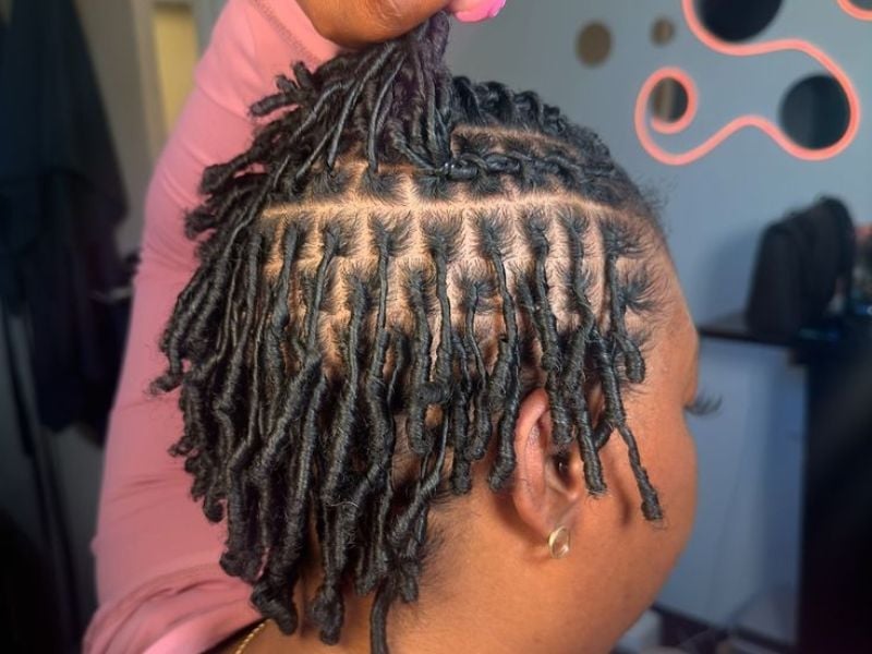 Shoulder-Length Black Starter Locs in Grid Parting Shoulder-Length Black Starter Locs in Grid Parting