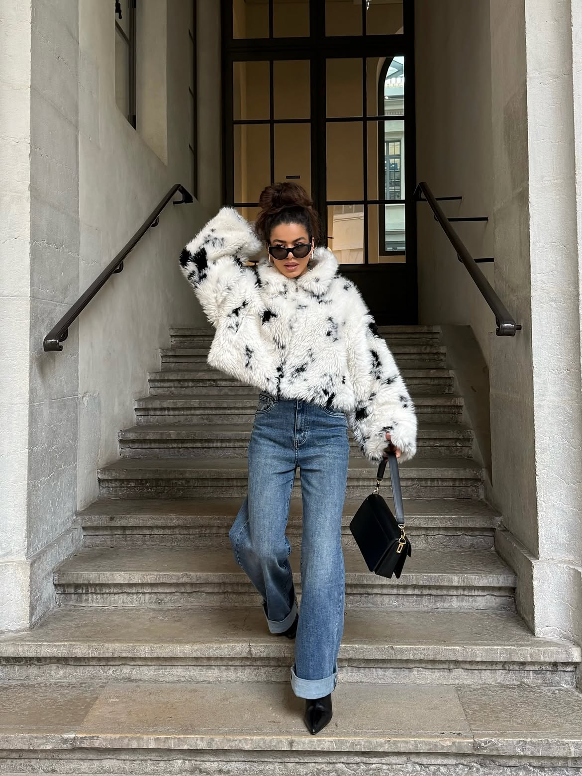 Statement Faux Fur Coat With Wide Leg Jeans