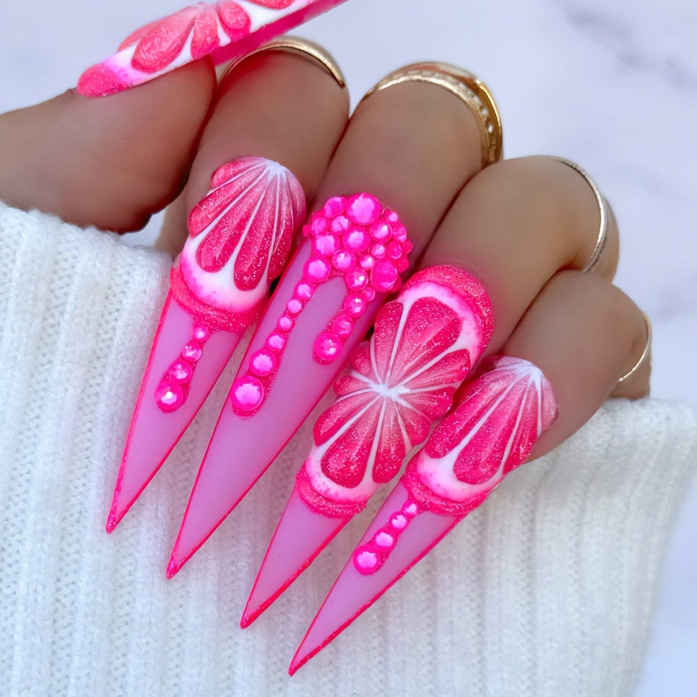 Long Stiletto Hot Pink 3D Fruit Drip Long Stiletto Hot Pink 3D Fruit Drip — Stiletto Nails
