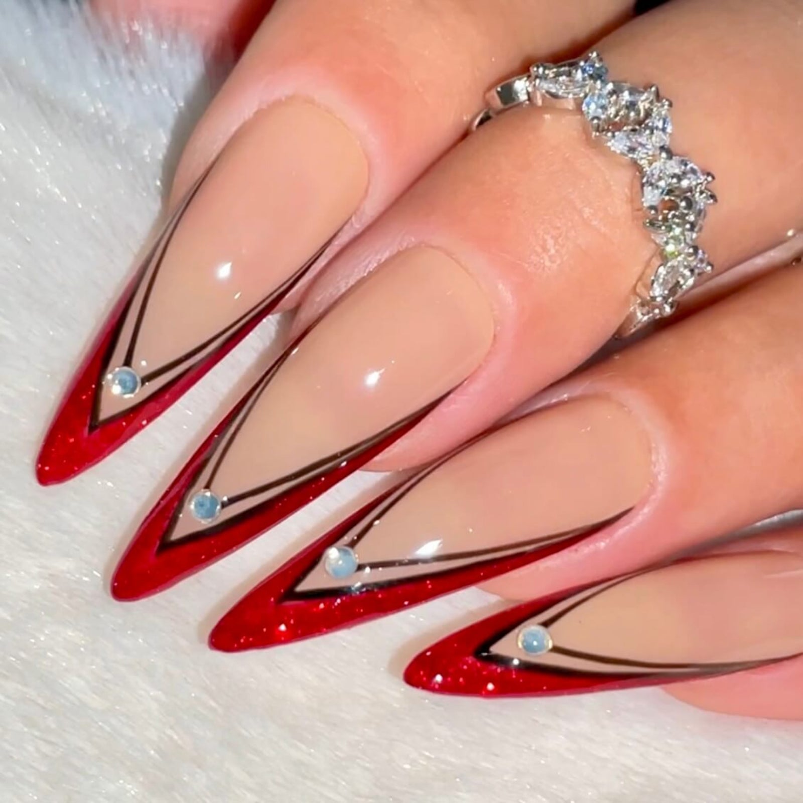 Long Stiletto Nude Red Glitter French Long Stiletto Nude Red Glitter French — Stiletto Nails